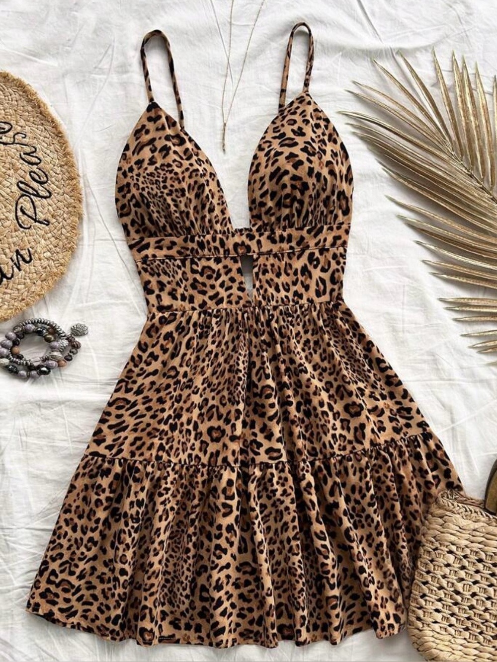 Leopard Print Mini Dress with Spaghetti Straps - Brown